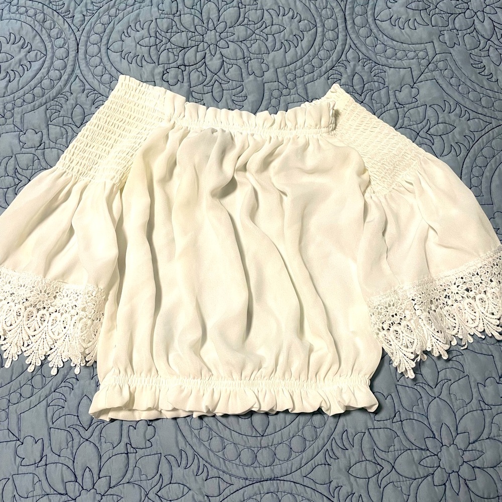 2/$25 Revamped off the shoulder crop blouse, 3/4 sleeve with lace
